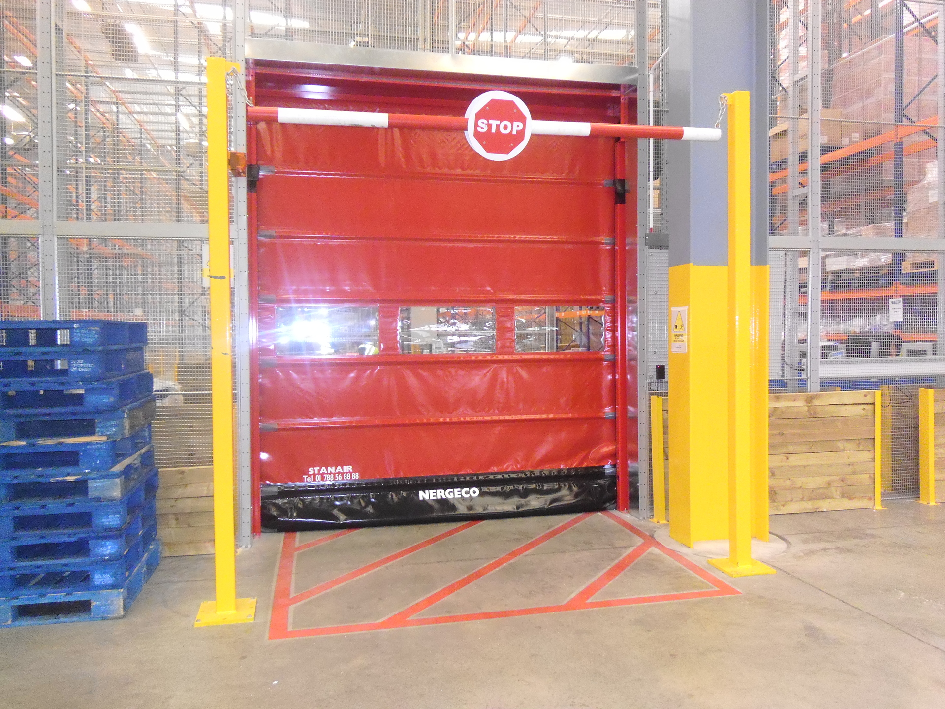 Internal Fold Up High Speed Door with warning signage and height restrictor