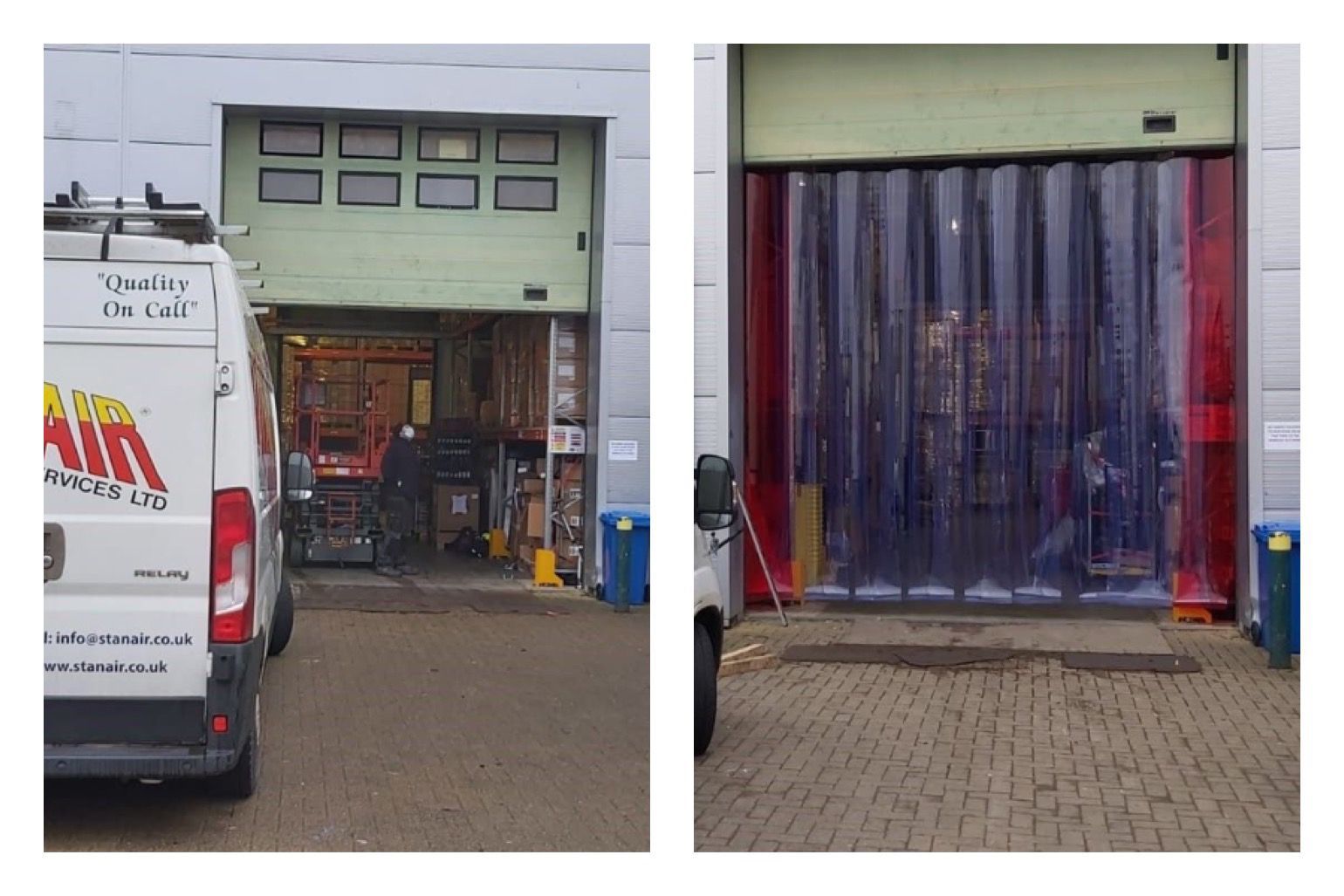 Collage picture of a site before and after having new PVC Strip Curtains installed behind their current Sectional Overhead door to save energy, time and money