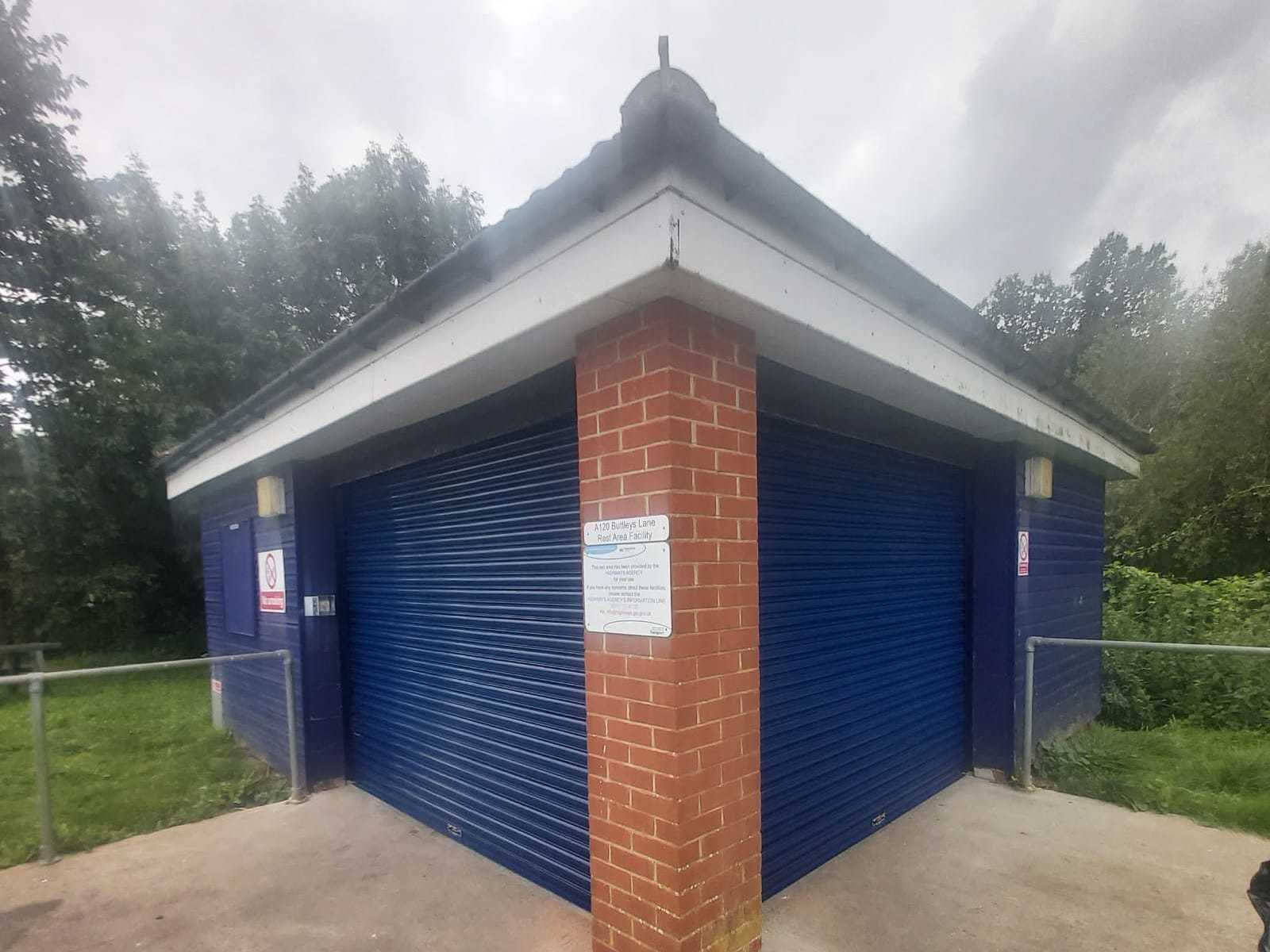 Roller shutters protecting an airport's car park toilet facilities
