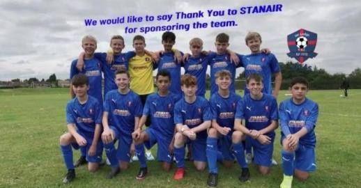 The Ise Lodge Falcons U14 2022 team thanking Stanair Industrial Doors Services for their sponsorship